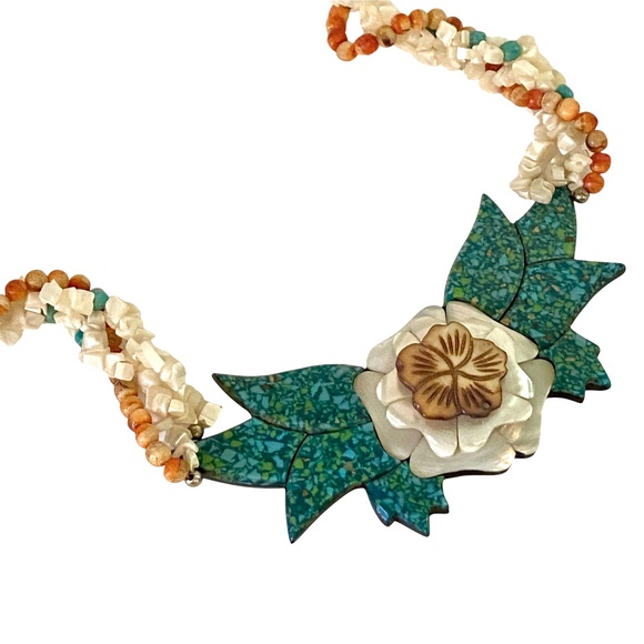 Vintage Tropical Floral Statement Necklace 24” Mother of Pearl Tiki Retro - Picture 2 of 8